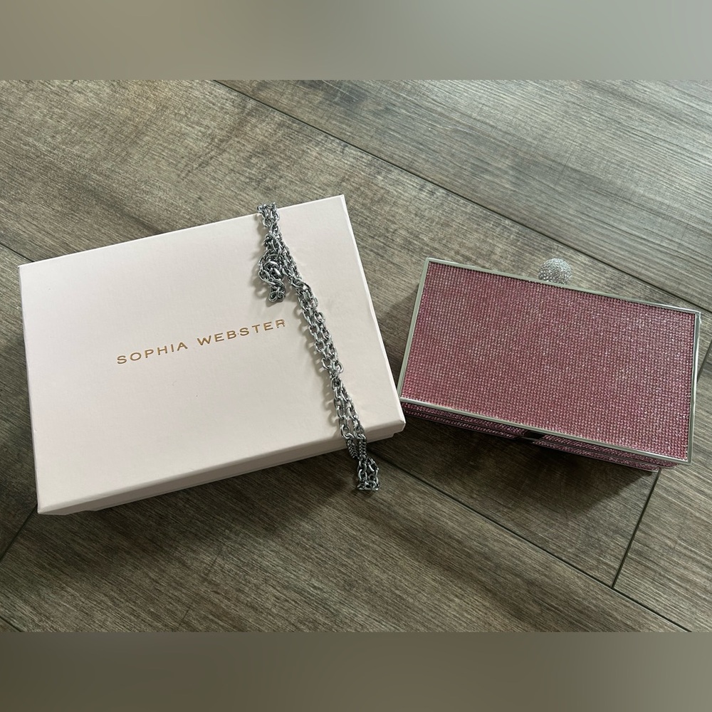 NEW SOPHIA WEBSTER CALARA BIJOU ROSE QUARTZ CRYSTAL CLUTCH WITH SILVER STRAP